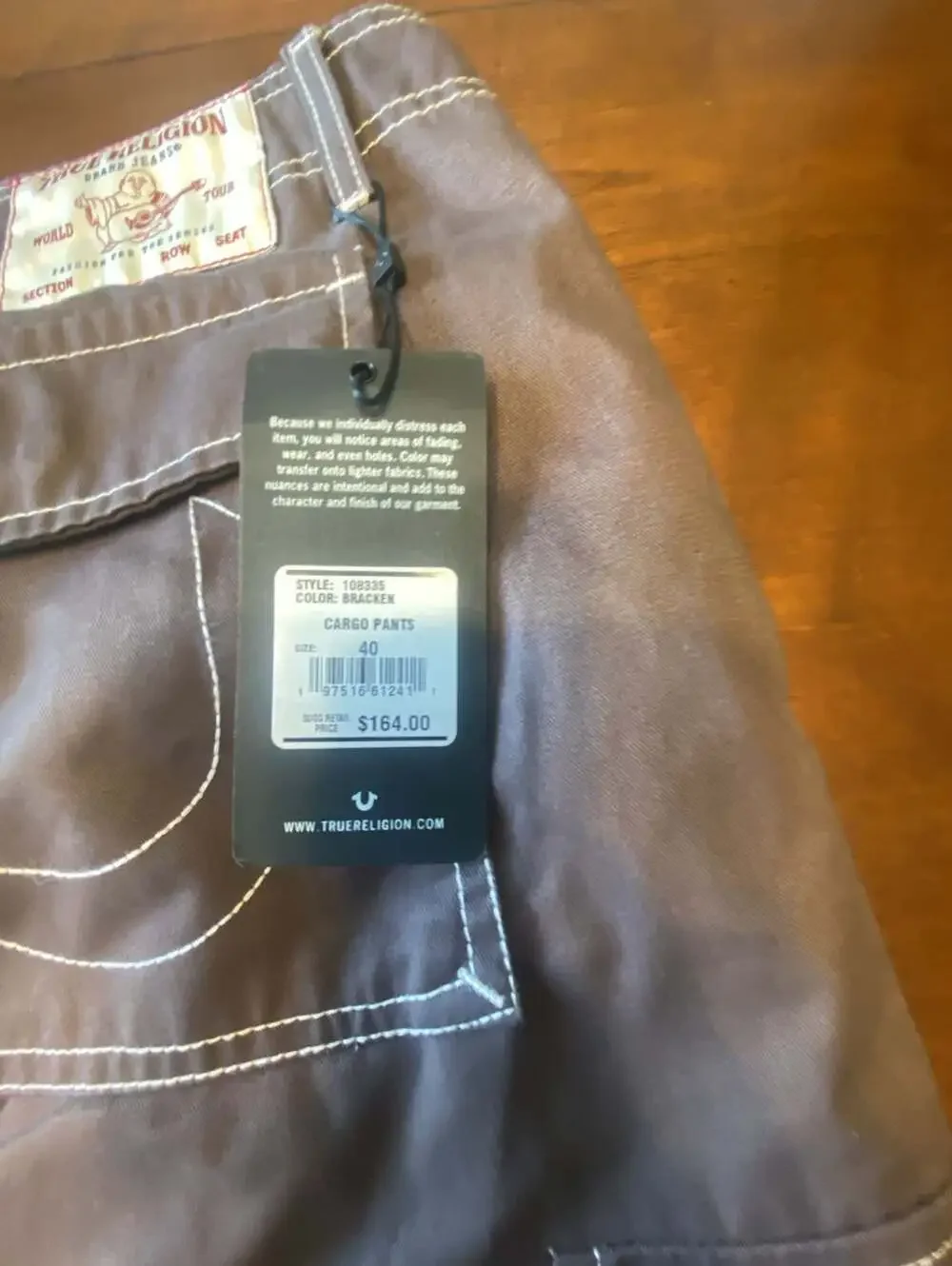 True Religion Men's Bracken Brown Cargo Pants Contrast Stitch Size 40
